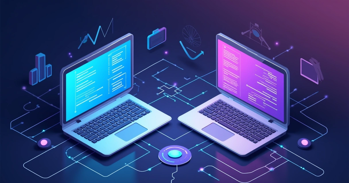Dois sistemas sendo integrados através de linhas digitais, com computadores e gráficos ao fundo 
