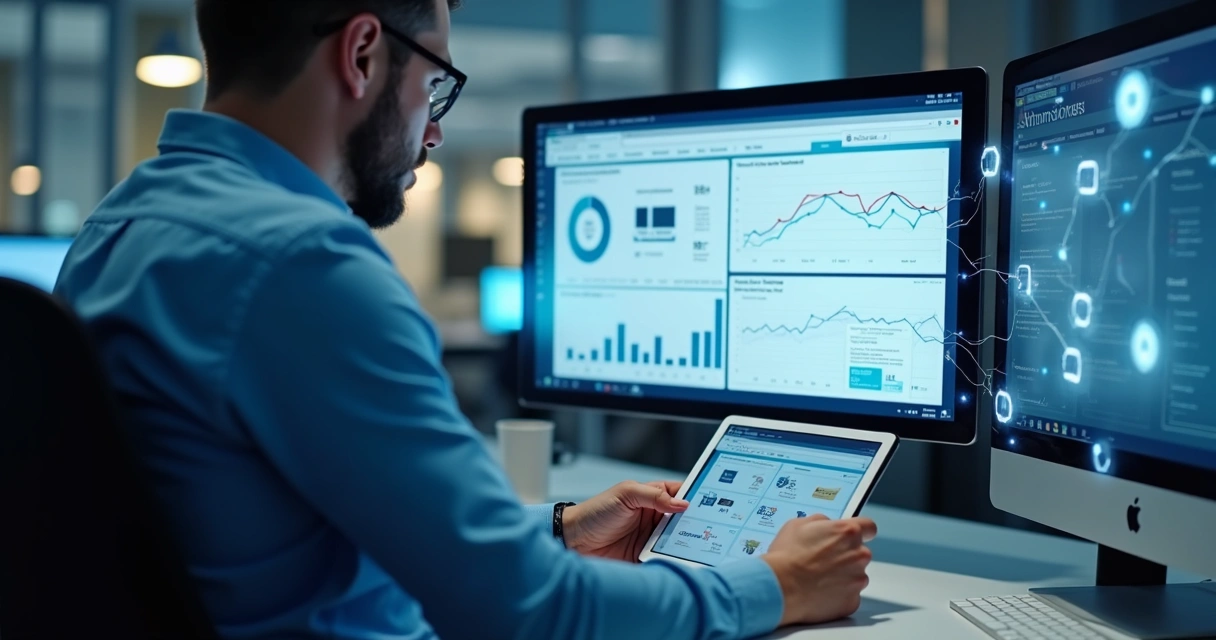 Gestor usando computador e tablet, com sistemas interligados visualmente