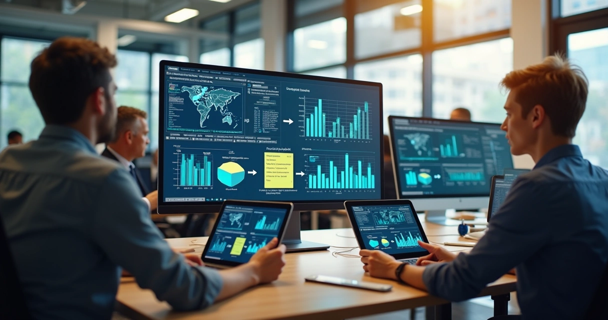 Escritório pequeno com computadores exibindo diferentes sistemas integrados 