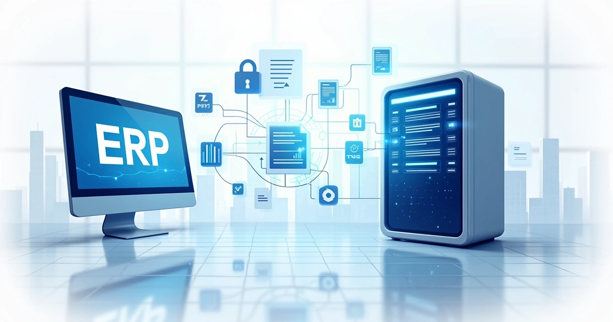 Ilustração de integração de sistemas ERP com documentos fiscais digitais 