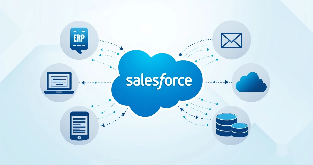 Ilustração de integração entre Salesforce e outros sistemas com ícones conectados 