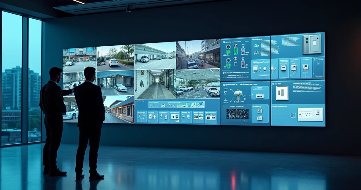 Painel unificado exibindo câmeras alarme e controle de acesso integrados 