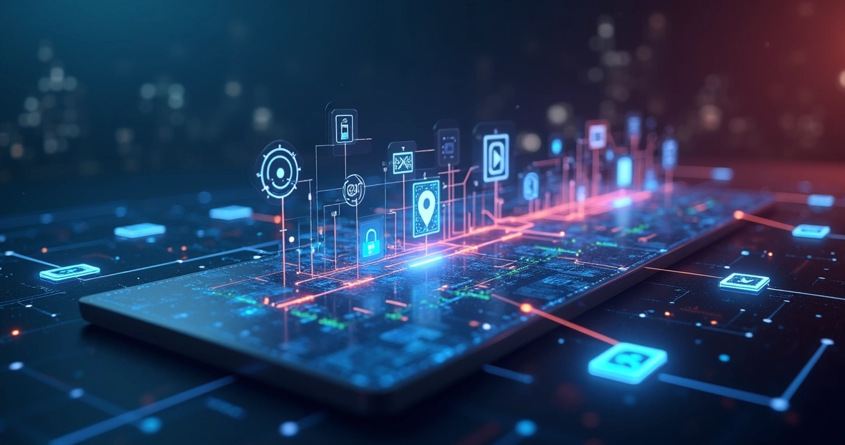 Interface digital mostrando conexão entre sistemas com fluxos de dados e ícones de tecnologia integrada sem API 