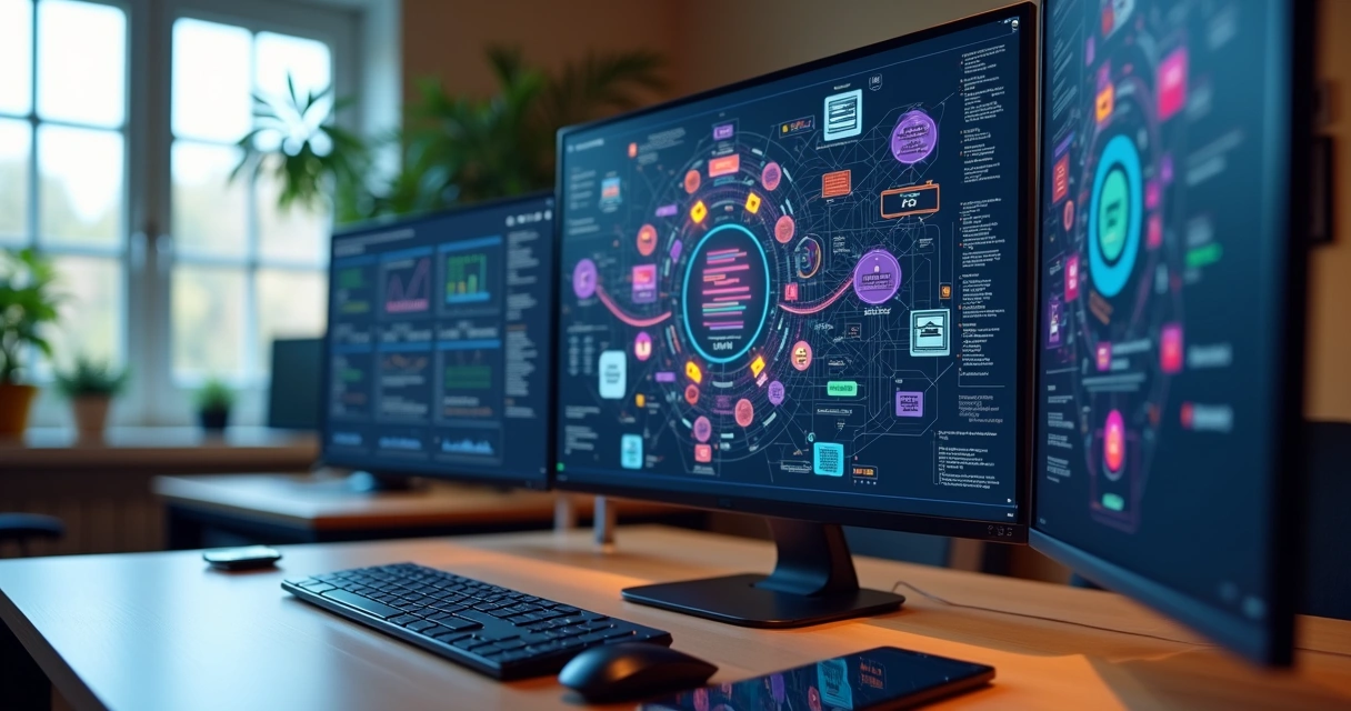 Tela de computador mostrando diagramas de integração entre ERP, CRM e sistemas em nuvem com conexões coloridas 