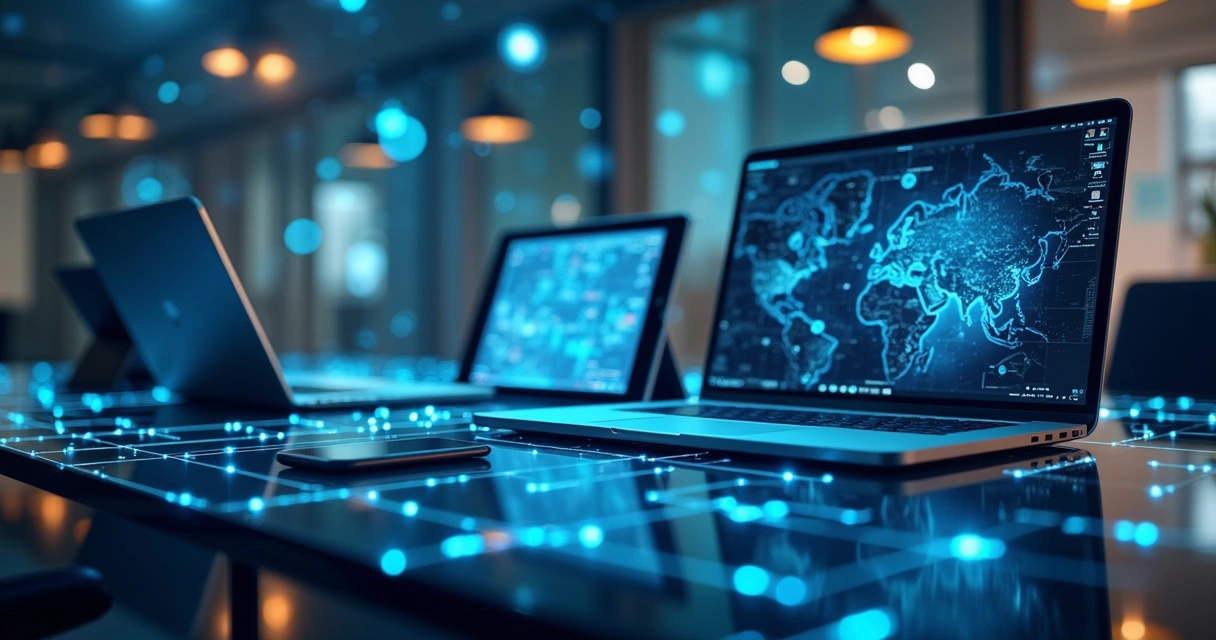 Conexões digitais entre múltiplos dispositivos e sistemas, representando integração de tecnologia 