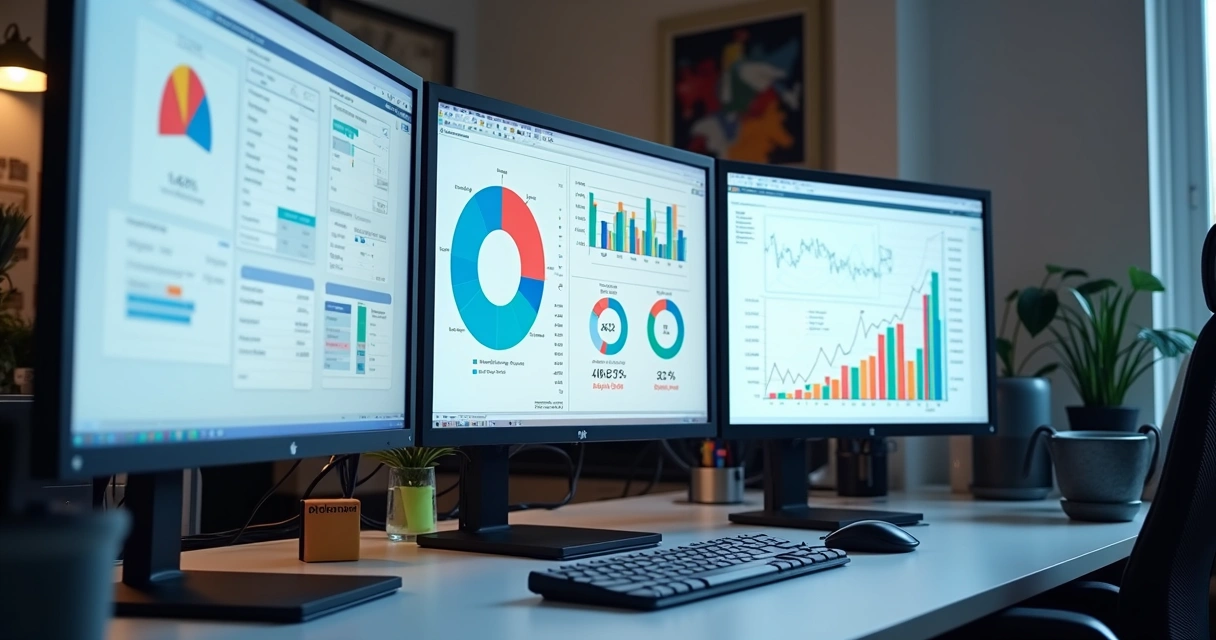 Telas de sistemas integrados mostrando gráficos fiscais em tempo real 