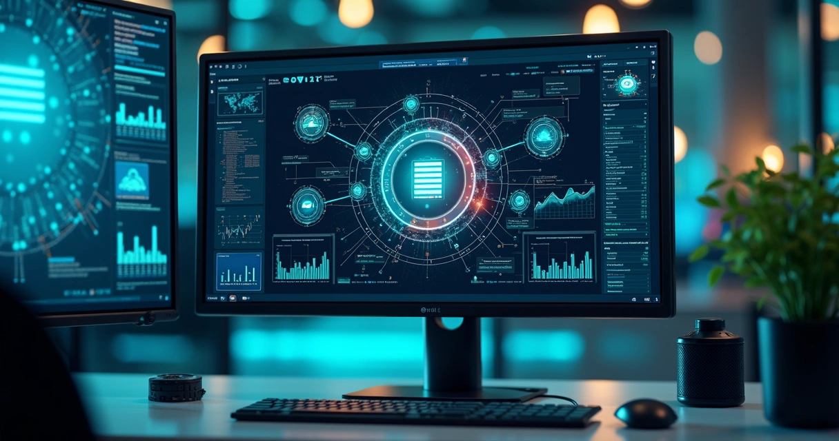 Tela de computador exibindo painel de integração de sistemas com gráficos e conexões digitais entre APIs e cloud computing 
