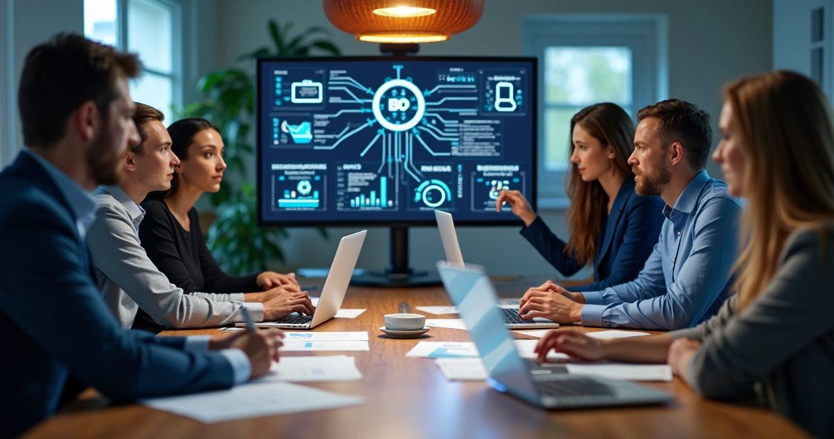 Profissionais analisam gráficos de integração entre softwares. 