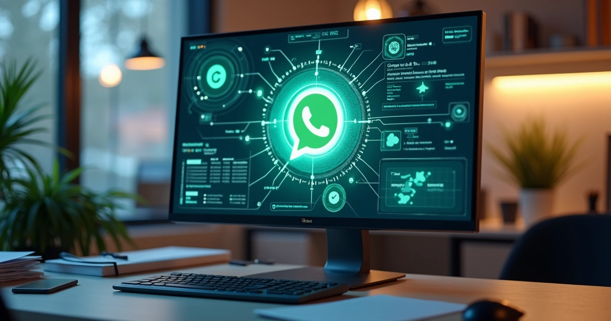 Tela exibindo integração entre WhatsApp, CRM e ERP com fluxos de dados visíveis 