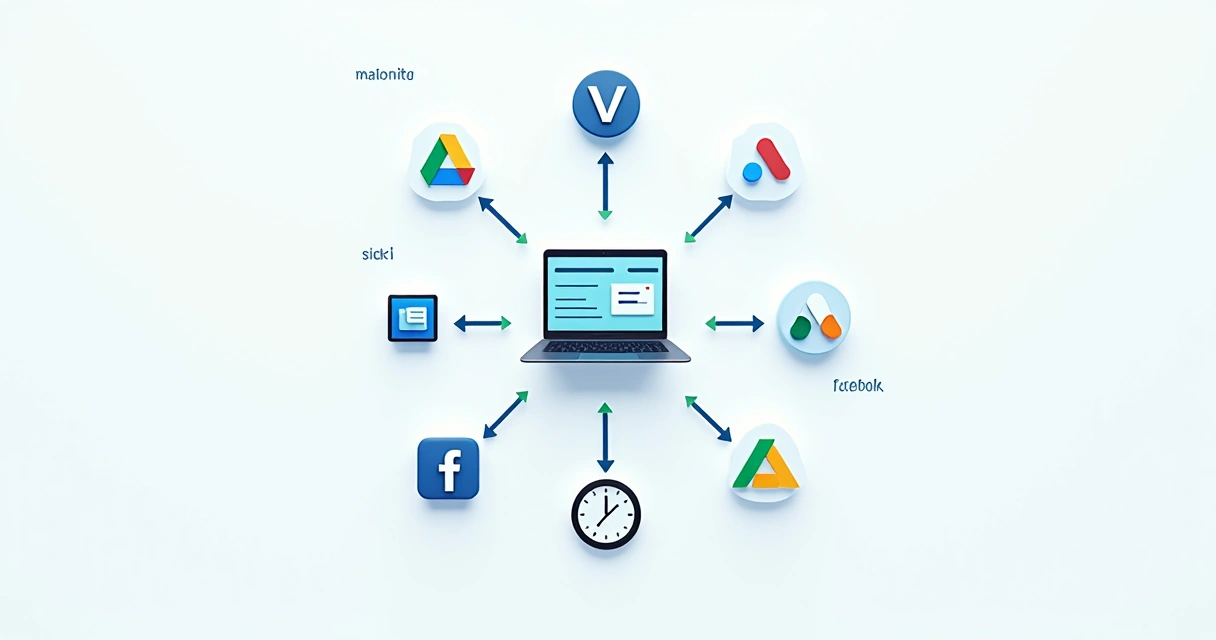 Diagrama simples mostrando integração entre site, CRM e plataformas de anúncios. 