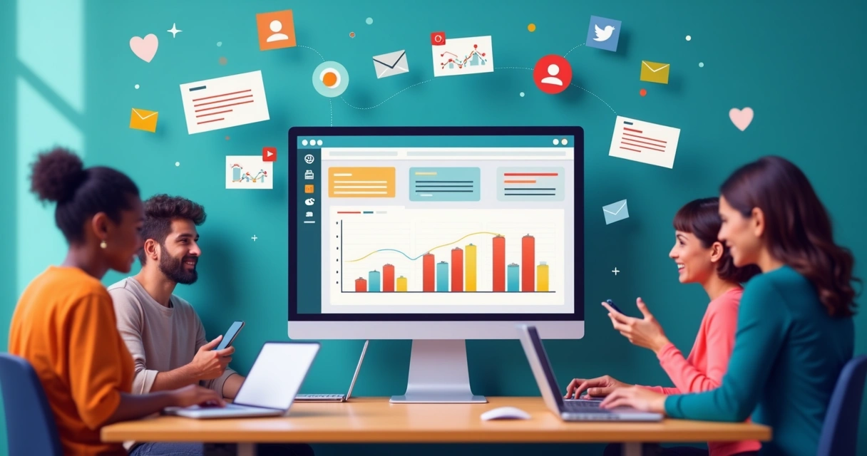 Marketing digital e site conectados em ilustrações integradas 