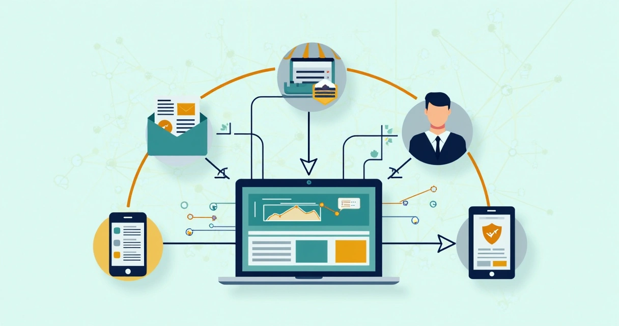 Fluxo de integração site-ERP-CRM em diagrama digital 