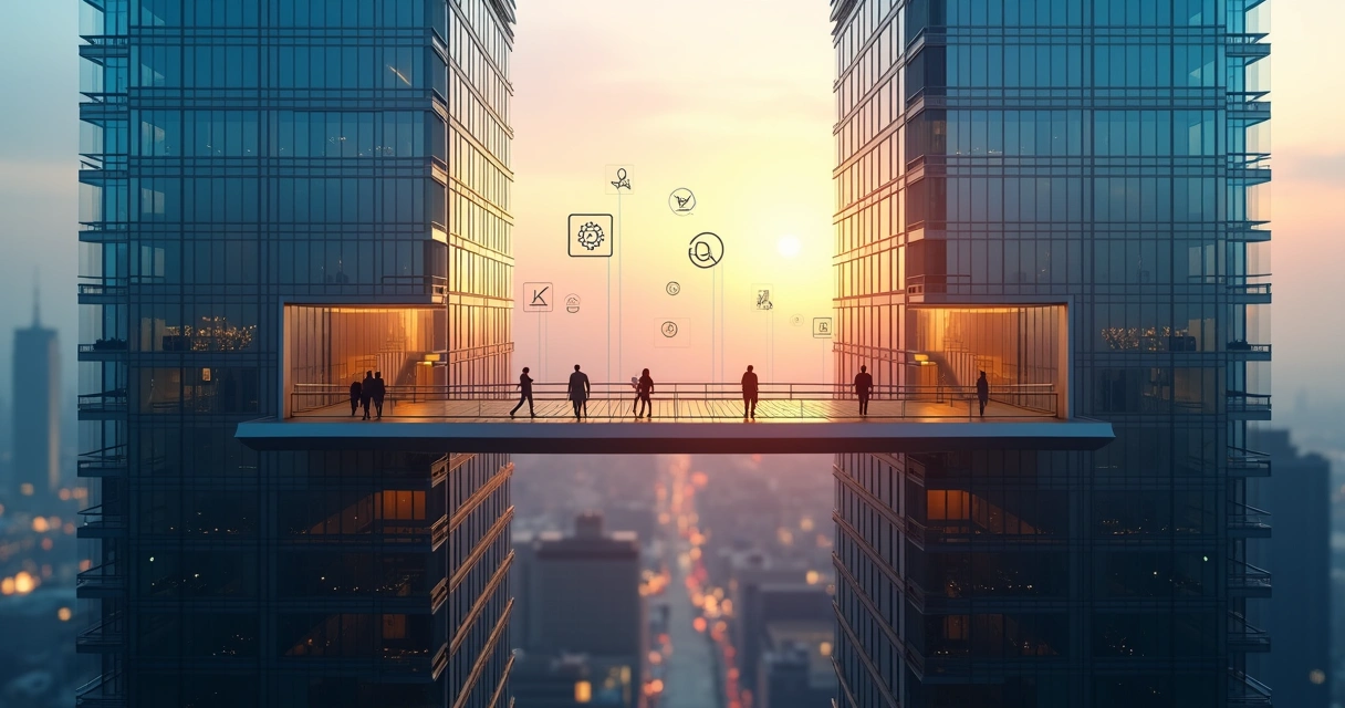 Duas estruturas empresariais distintas se unindo em único edifício corporativo moderno 