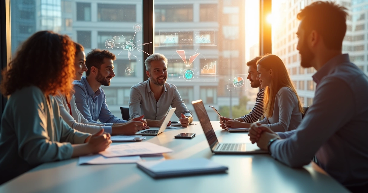 Profissionais discutindo em reunião com gráficos e ícones de habilidades técnicas e comportamentais em ambiente corporativo moderno 
