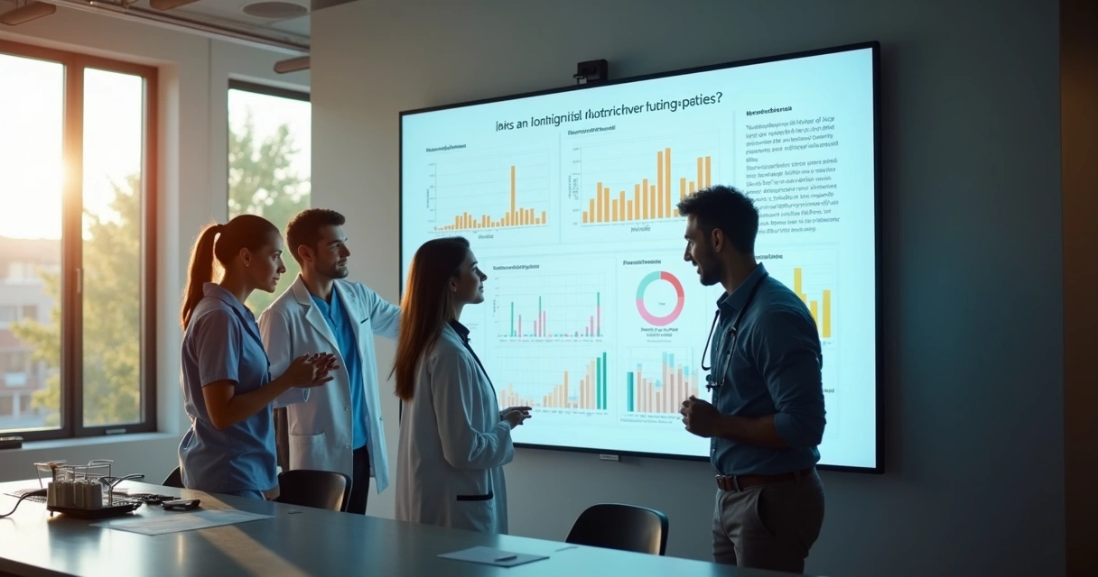 Equipe de nutricionistas discutindo dados em painel digital durante reunião 