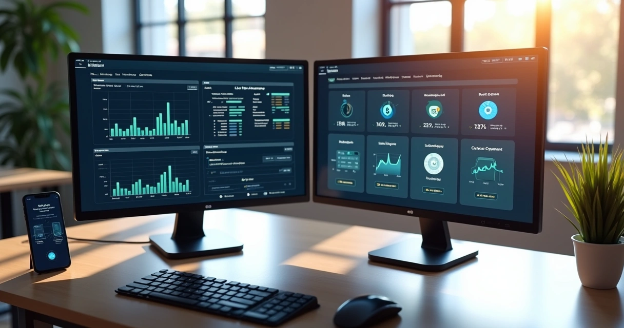 Computadores mostrando painéis de software integrados a plataforma de pagamentos com gráficos e ícones de Pix, boleto e cartão 