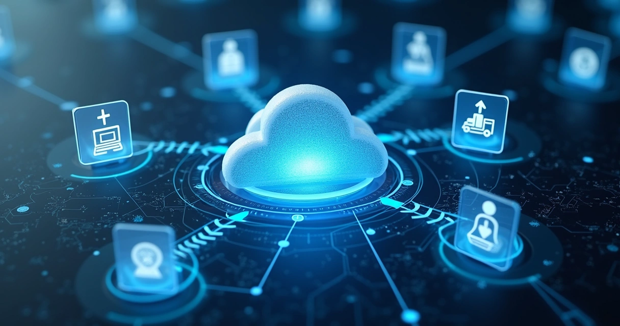 Fluxos digitais integrando diferentes sistemas empresariais em nuvem