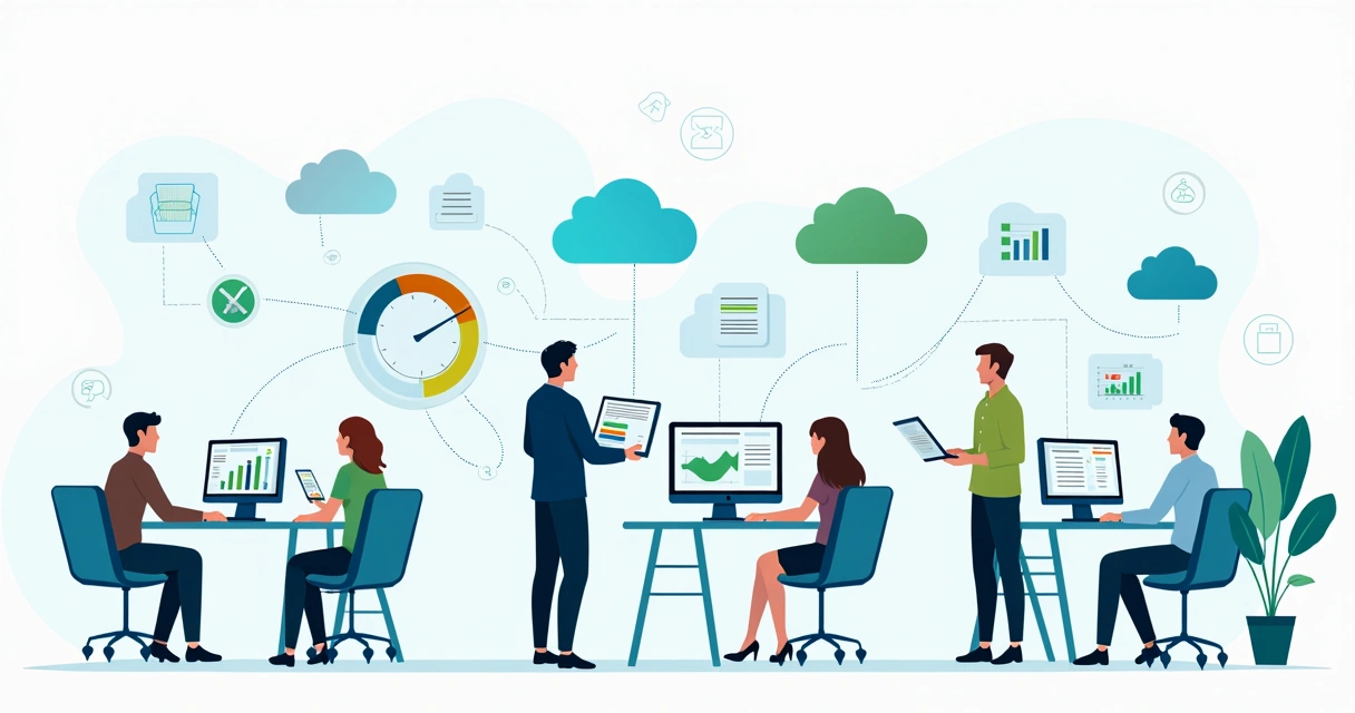 Fluxo de integração entre softwares, com áreas de vendas, financeiro e projetos interligados por nuvens digitais 