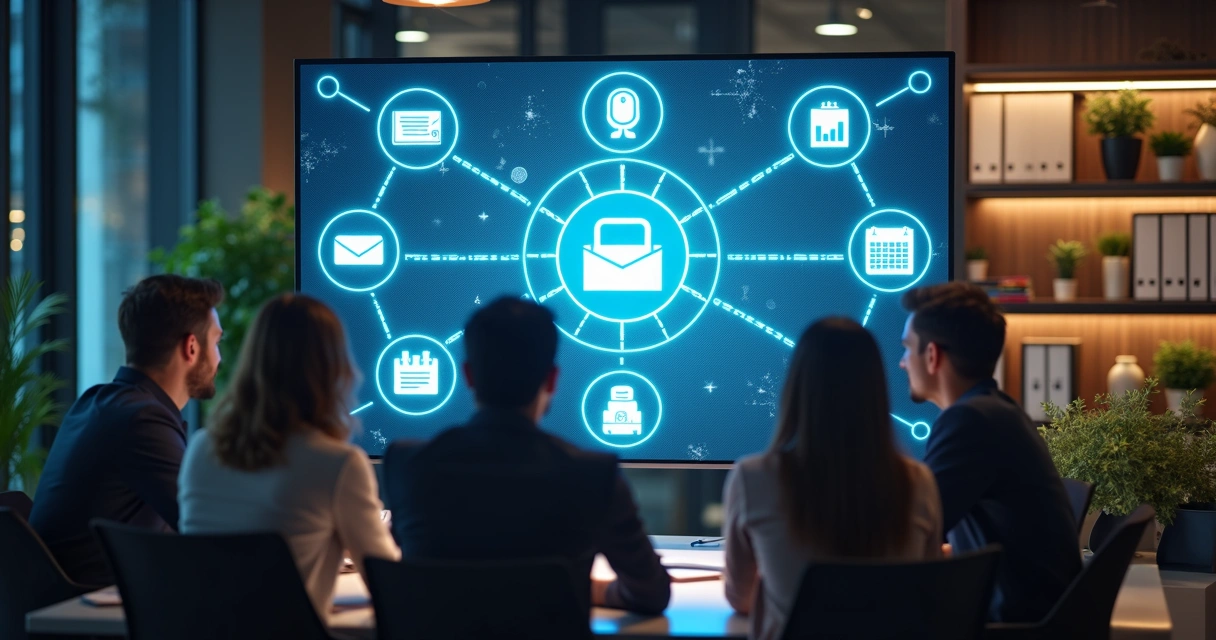 Equipe olhando para tela que mostra integrações de ferramentas