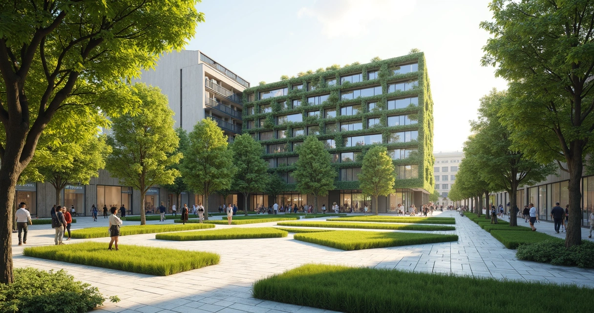 Praça com pavimentação drenante, vegetação aberta e edifício sustentável ao fundo 