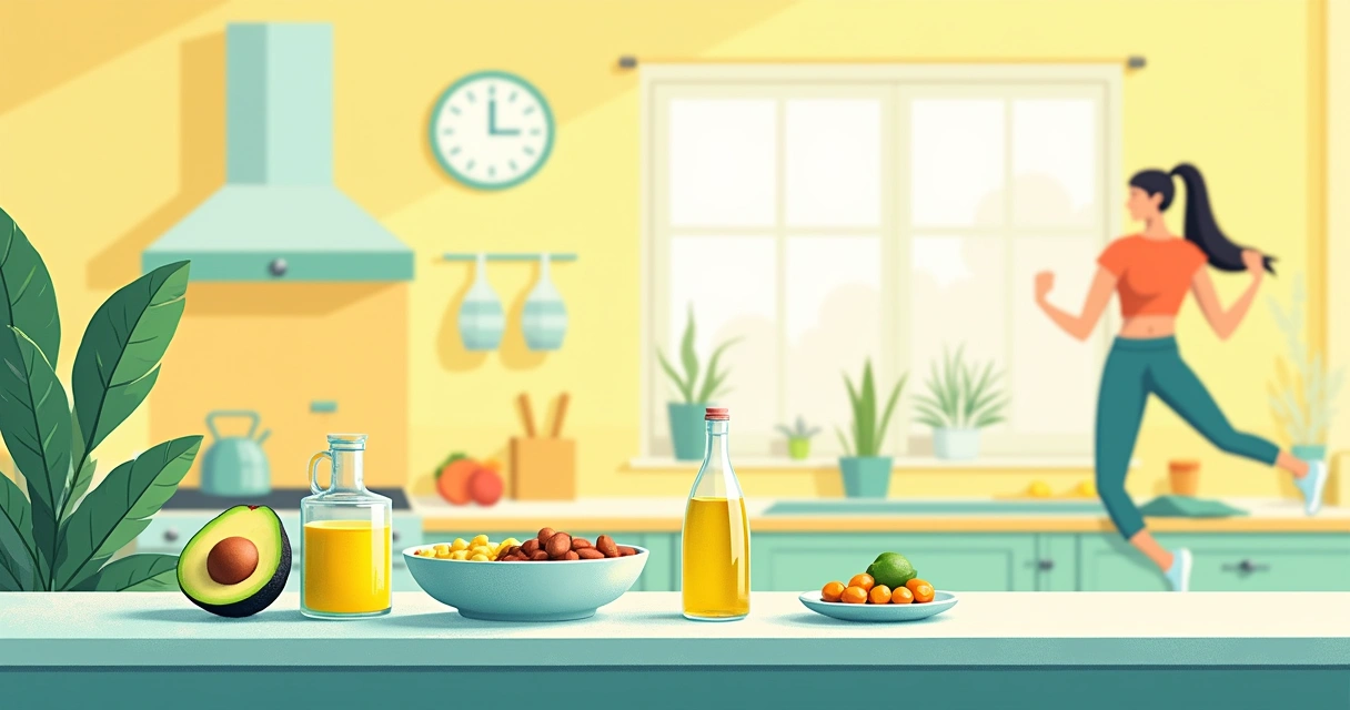 Cozy kitchen scene with dietary supplements, avocado, olive oil, and a person exercising for health.