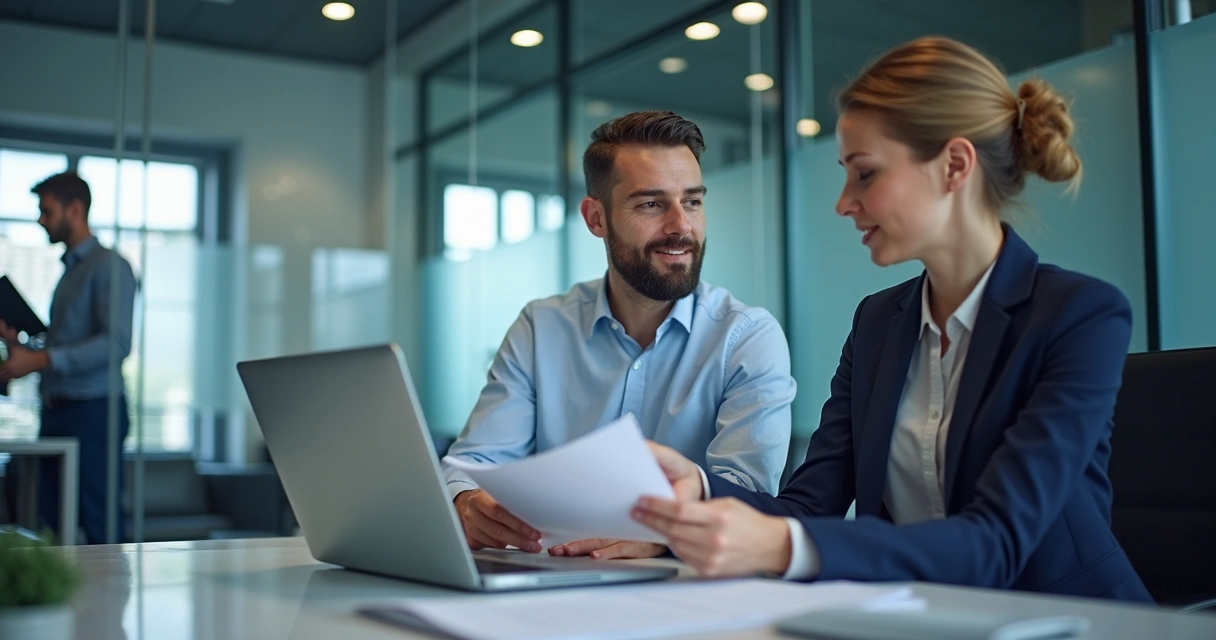 Dois profissionais de vendas trocando informações em frente ao computador 