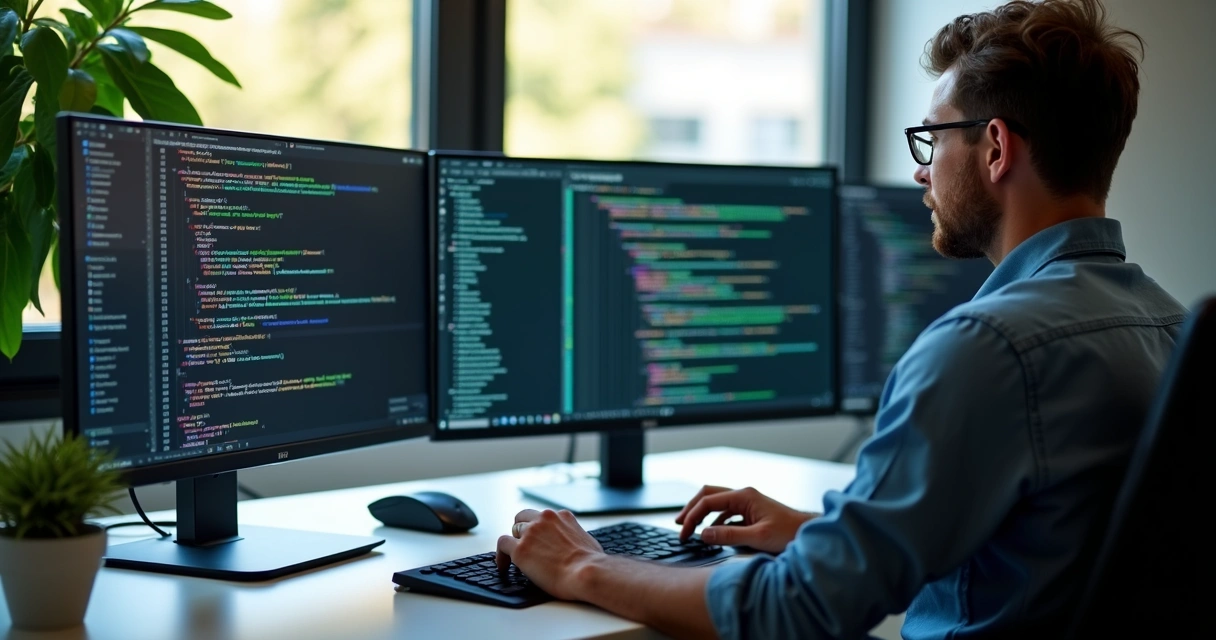 Desenvolvedor programando integração API fiscal em dois monitores