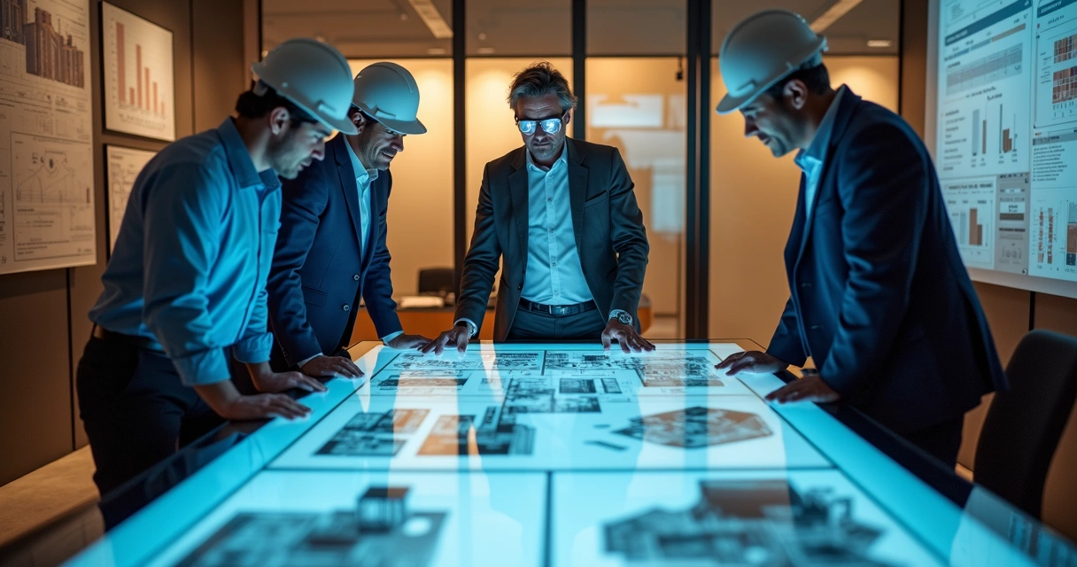 Profissionais técnicos da construção civil em reunião colaborativa com interface digital de IA mostrando gráficos e planos técnicos 