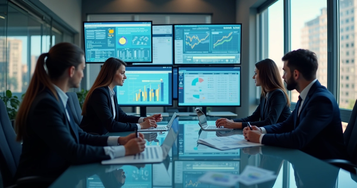 Advogados tributaristas usando computadores em escritório moderno com gráficos e dados digitais na tela 