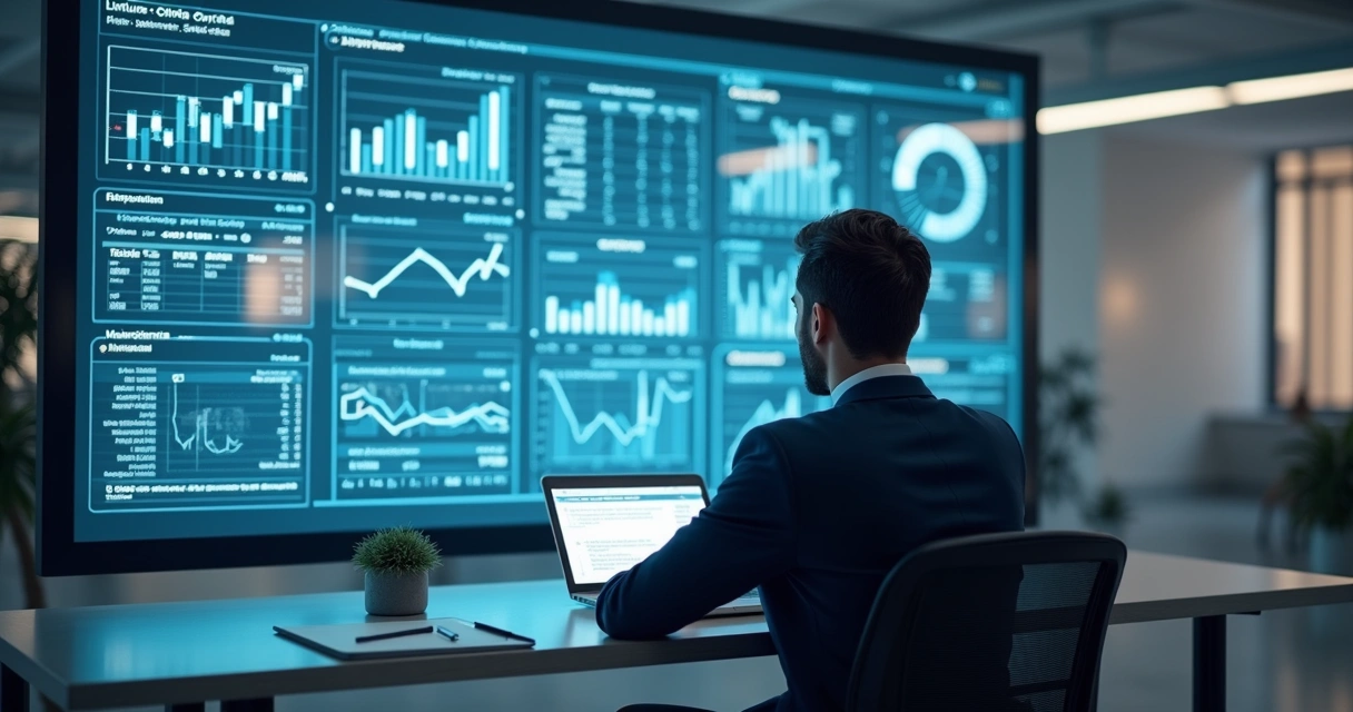 Contador analisando dados em tela gigante integrada com inteligência artificial 