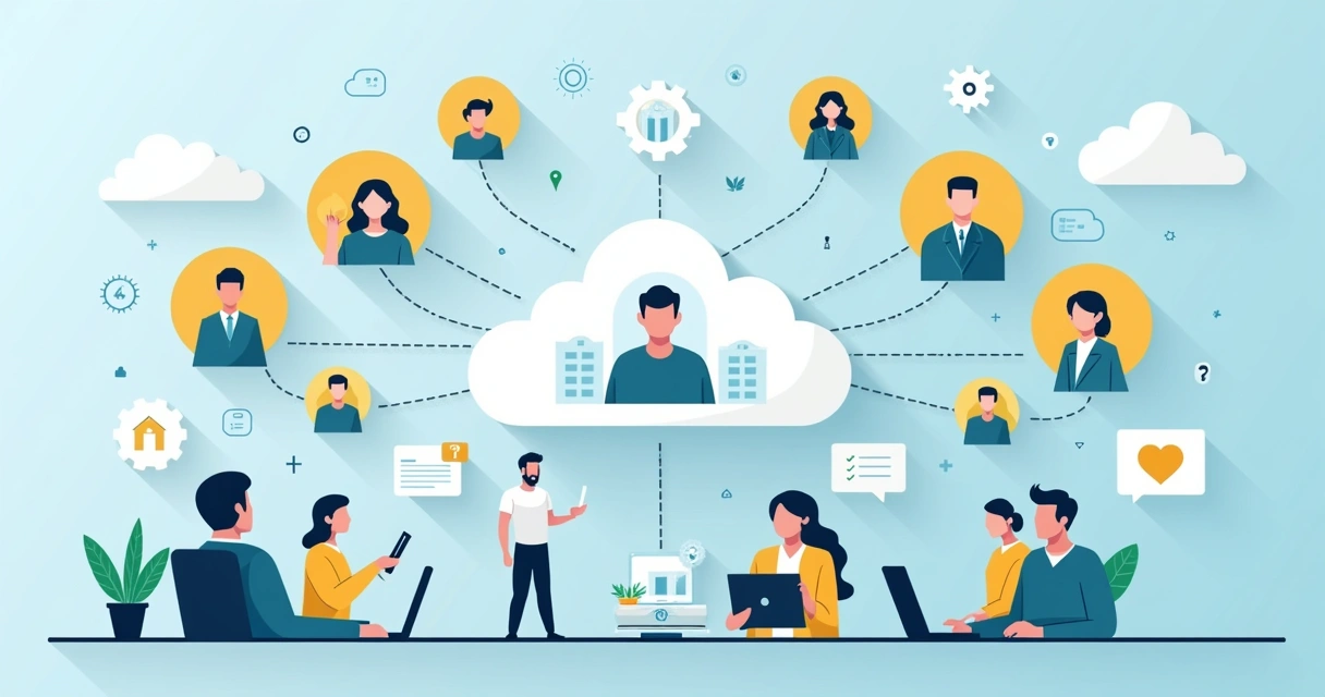 Ilustração de integração de tecnologia imobiliária com múltiplos dispositivos 