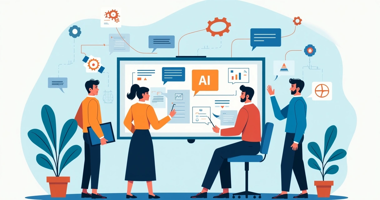 Ilustração de integração entre tecnologia, processos e pessoas em ambiente corporativo 
