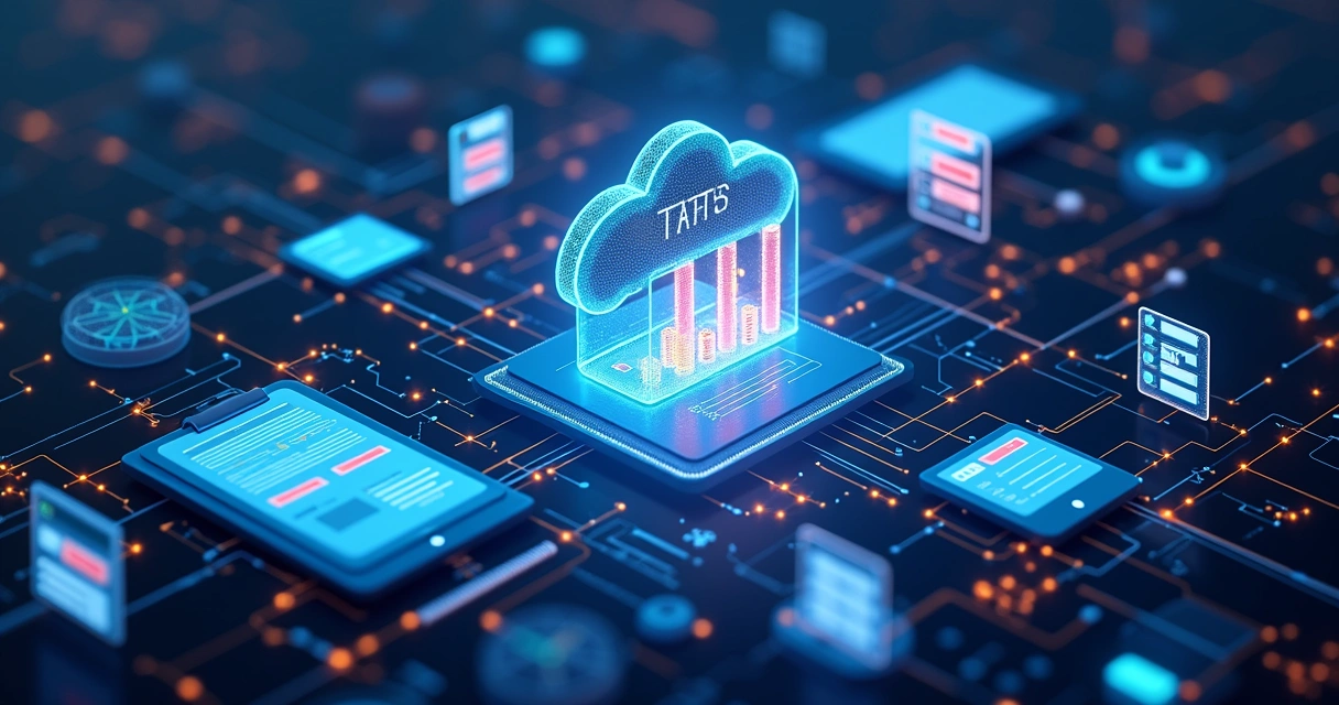 Processo digital com interfaces conectando documentos fiscais, gráficos e sistemas de gestão tributária 