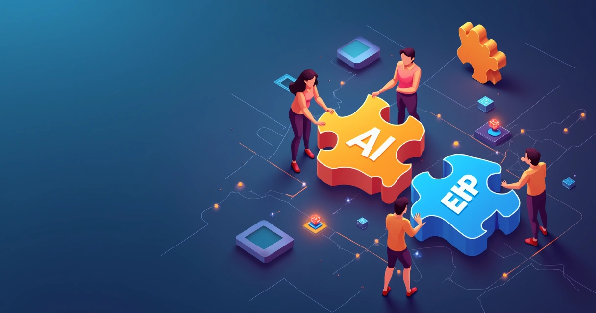 Equipe conectando peças de quebra-cabeça digital em formatos de AI e ERP 