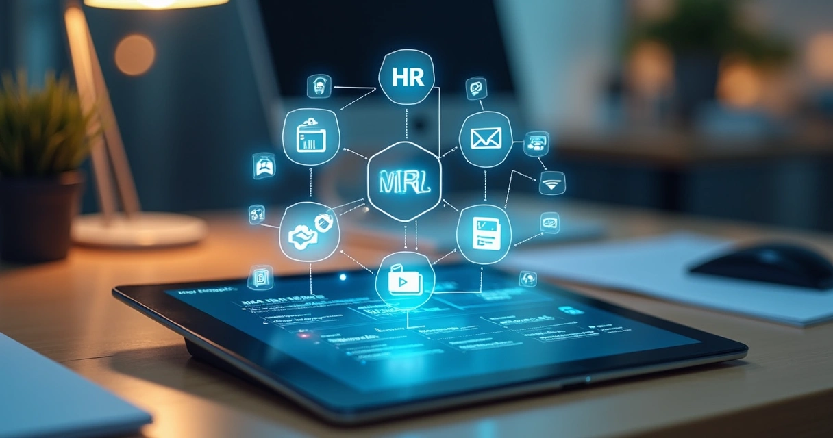 automações e integrações representadas na tela do tablet mostrando a conexão entre a plataforma de reconhecimento, Recursos humanos e áreas da empresa