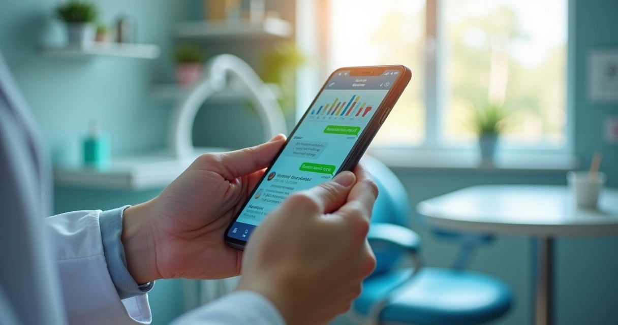 Dentista usando celular com integração Threads e Whatsapp