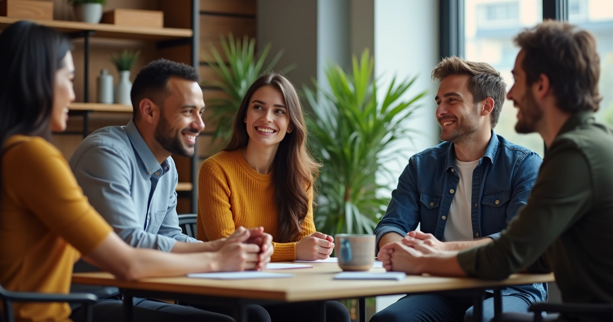 Equipe em semicírculo conversando com expressão de escuta e empatia, ambiente acolhedor 