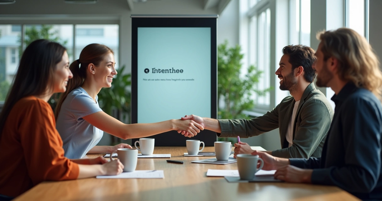 Equipe de empresa apresenta novo estagiário em ambiente de escritório moderno. 