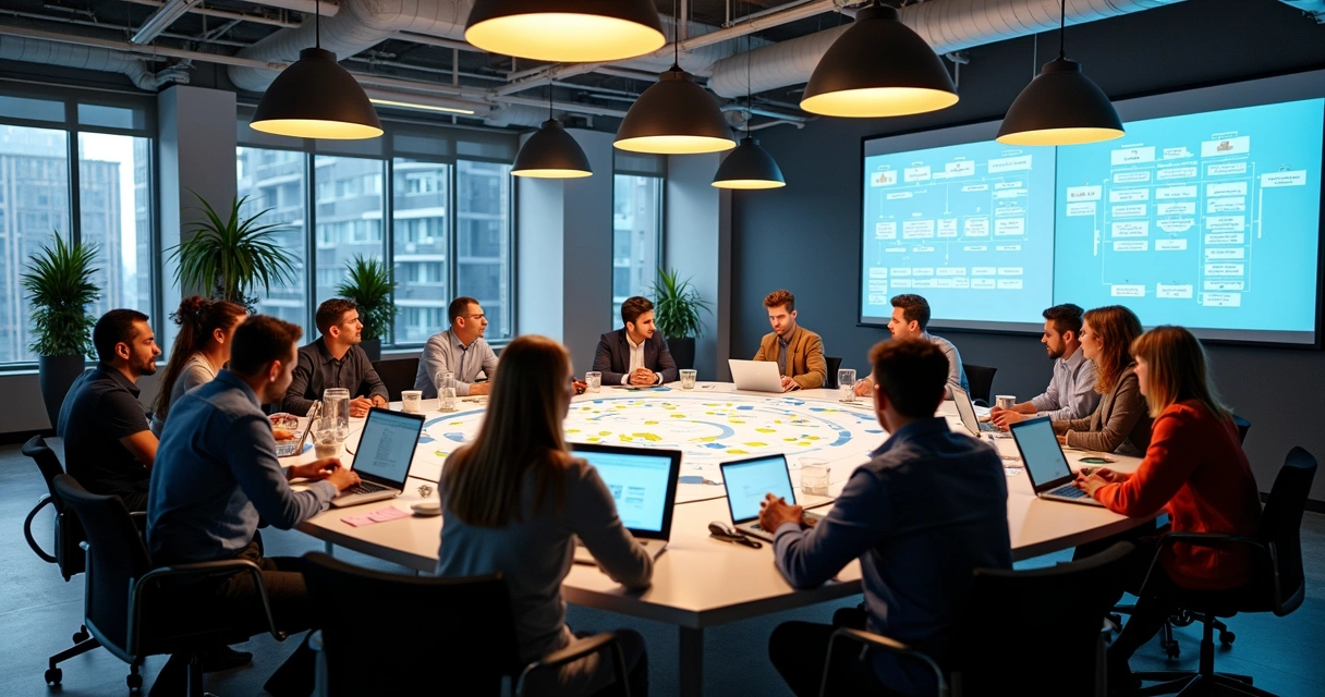Equipes de tecnologia reunidas integrando processos em ambiente colaborativo 