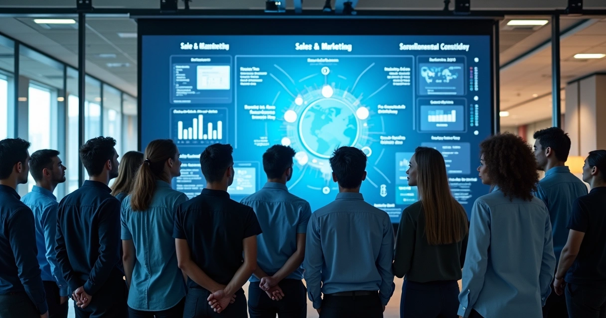 Equipe de marketing e vendas colaborando diante de telas com gráficos integrados. 