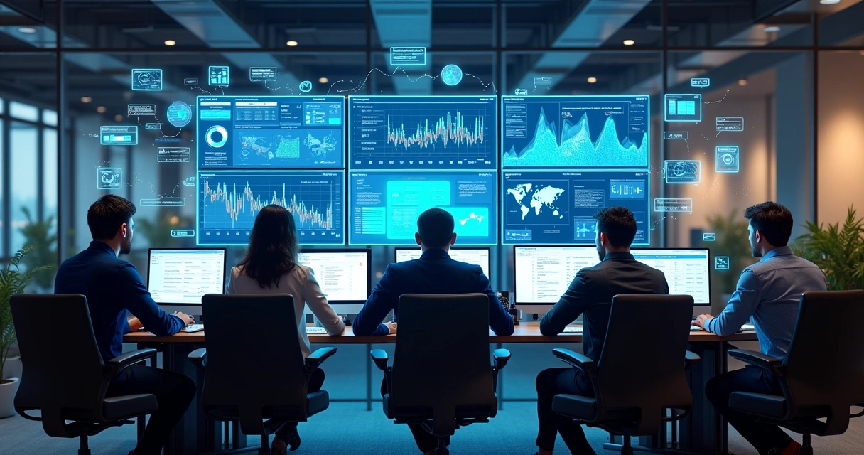 Equipe de marketing, vendas e produto conectada por telas e gráficos digitais
