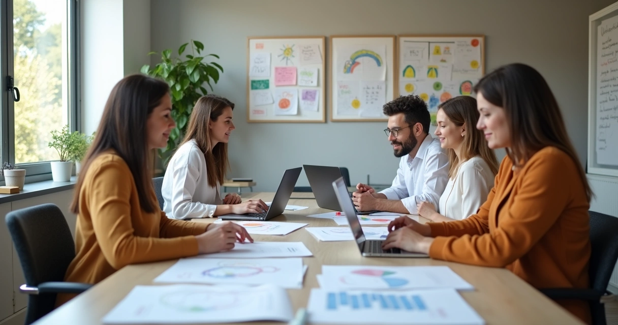 Equipe clínica e equipe de marketing alinhando estratégias em mesa de reunião