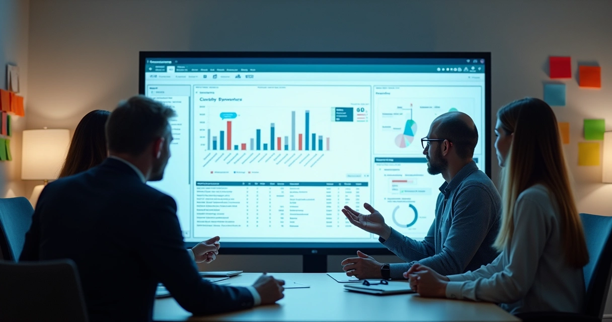 Profissionais de marketing, vendas e atendimento reunidos analisando um painel de CRM