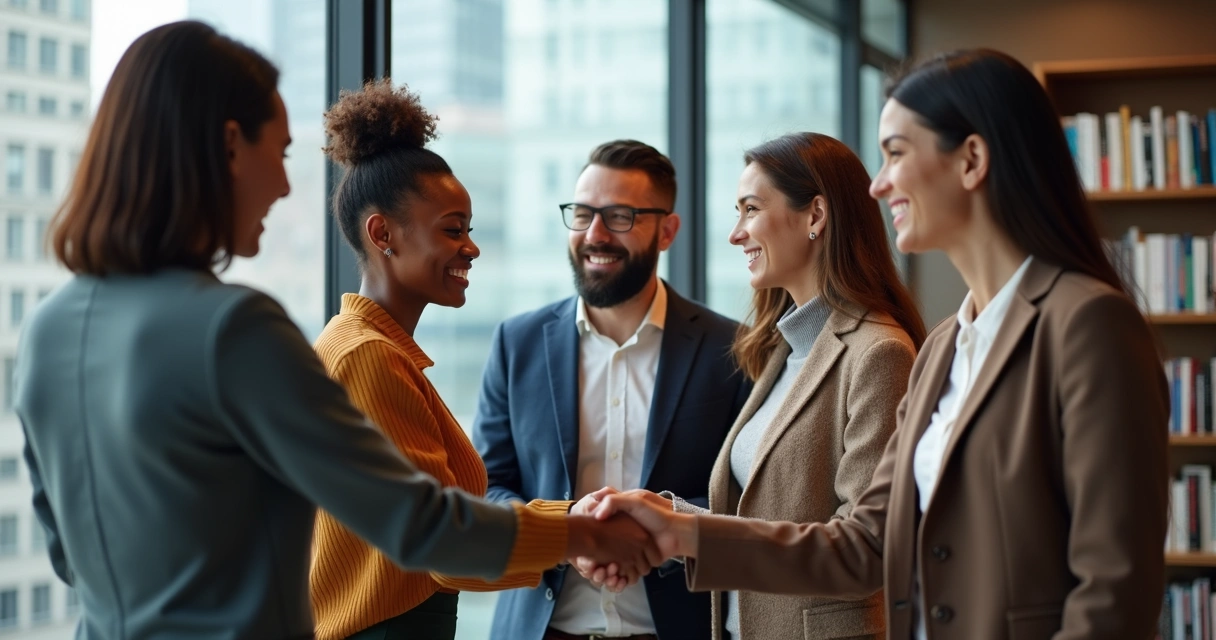 Equipe diversa se cumprimentando após reunião bem-sucedida 