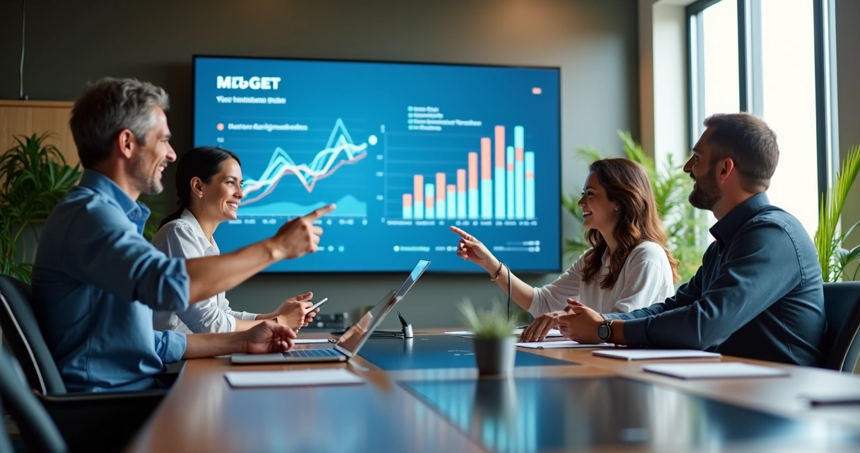 Equipe de marketing, vendas e TI trabalhando juntos com dados sincronizados em tela 