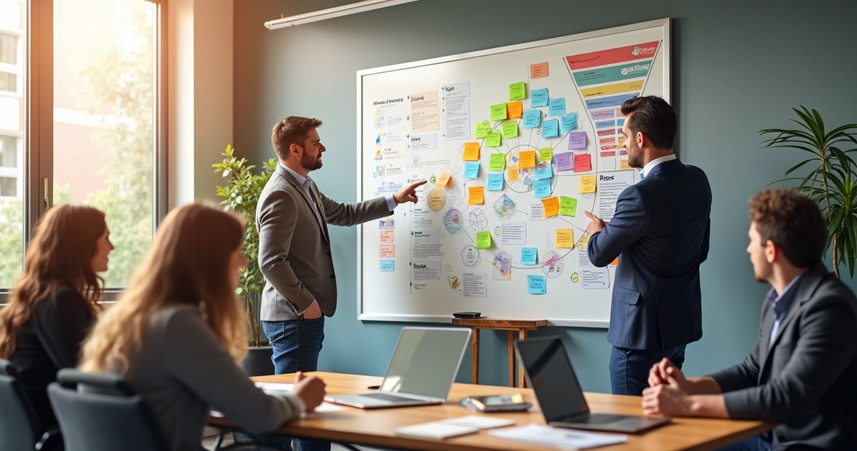 Profissionais dos times de marketing e comercial discutindo em quadro branco 