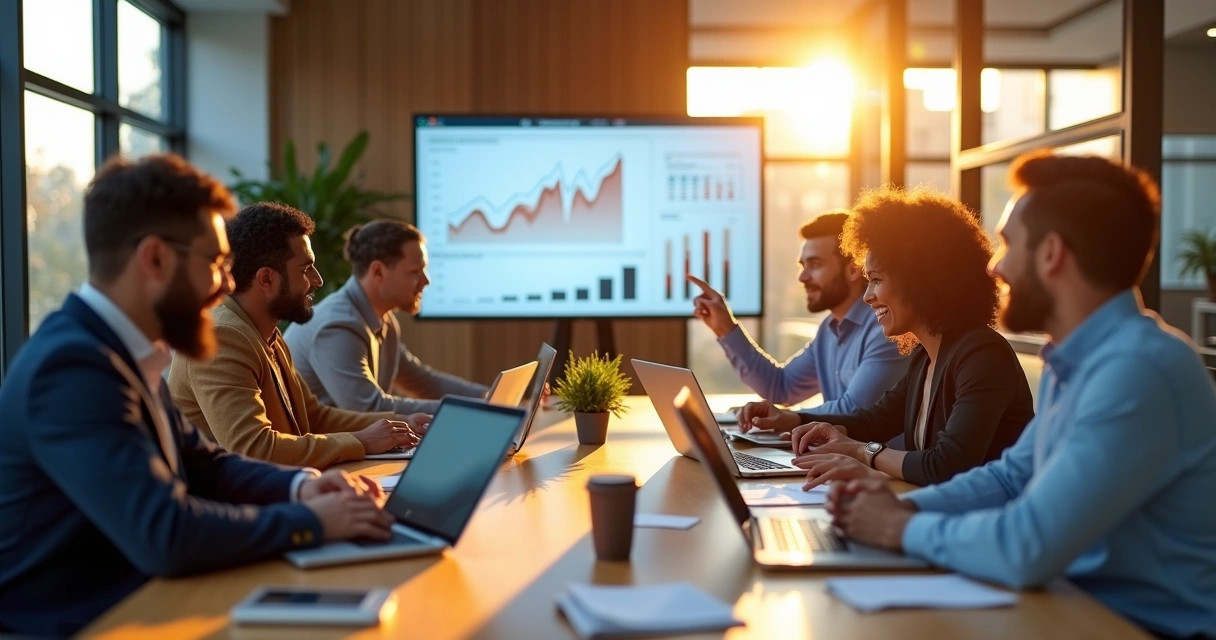 Equipes de marketing e vendas reunidas em uma mesa de reunião discutindo metas de receita 