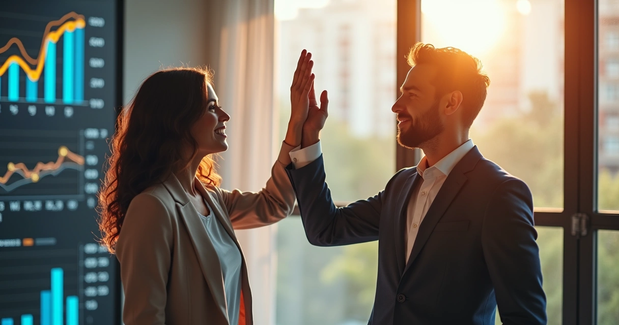Marketing e vendas comemorando integração e sucesso 