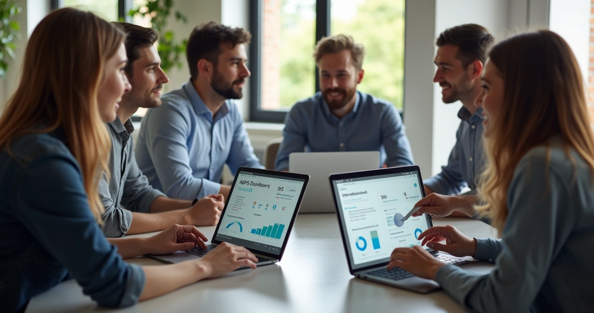 Time de sucesso do cliente e vendas discutindo métricas de NPS juntos 