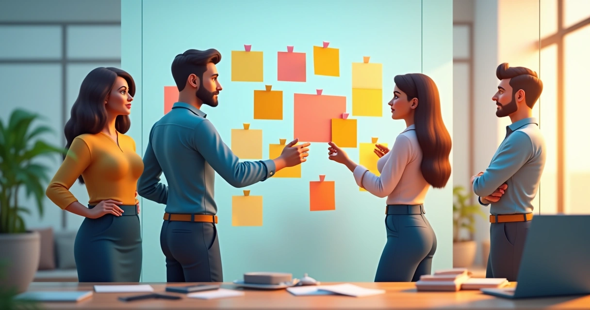 Planejamento de canais em 2026: estratégias dos líderes Equipe de marketing, vendas e operações reunidas em sala moderna, colando post-its num painel